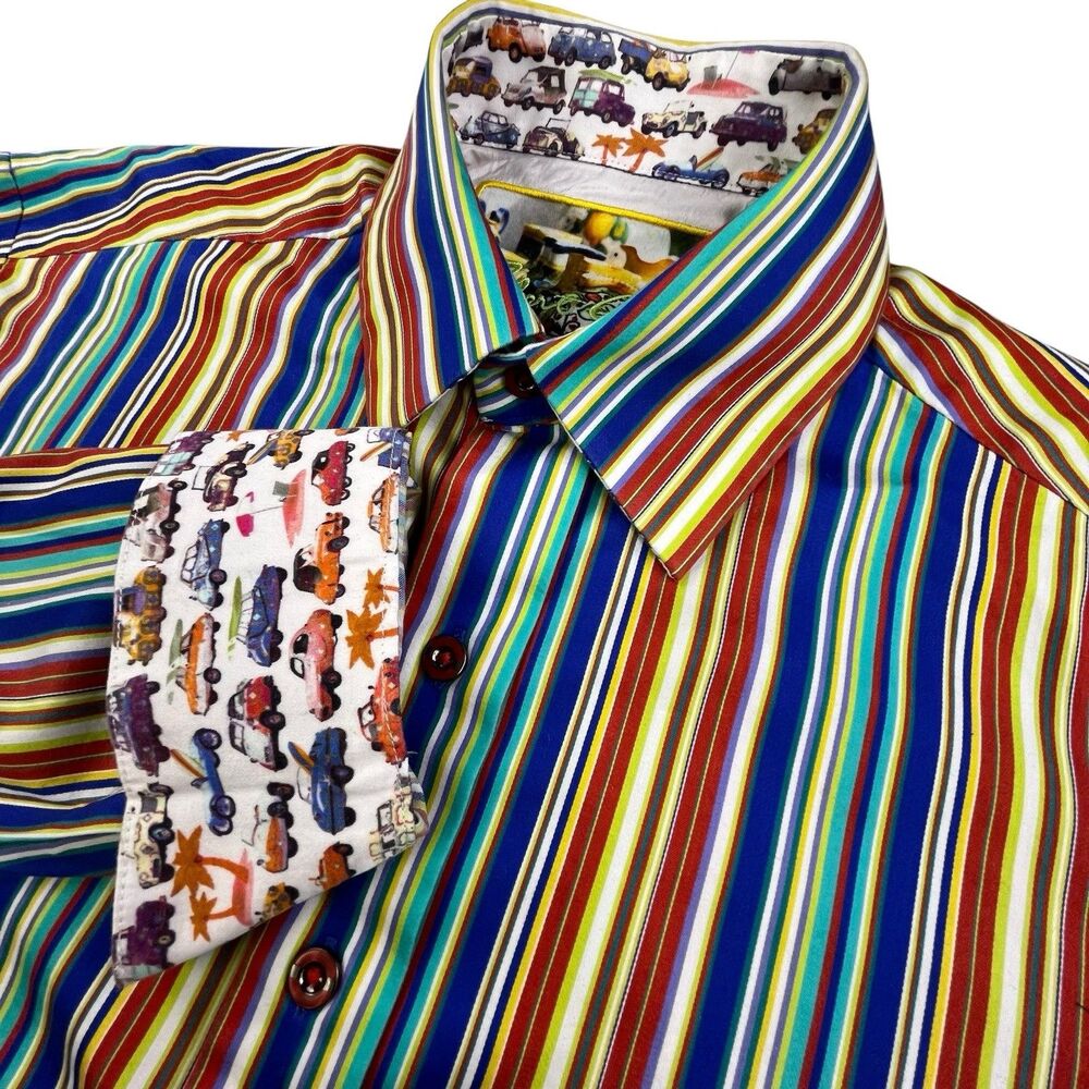 Robert Graham Shirt Men Small Flip Cuff Embroidered Striped Beach Cars Surfboard